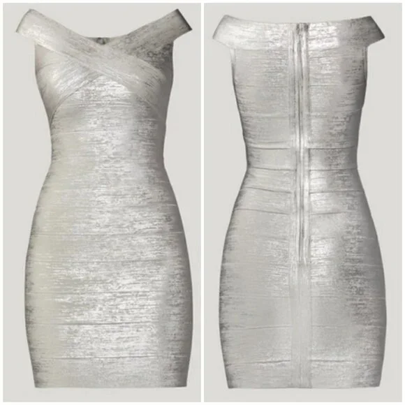💕HERVE LEGER💕 Criss Cross Foil Bandage Dress ~ Silver Foil Large L NWT - Picture 8 of 16